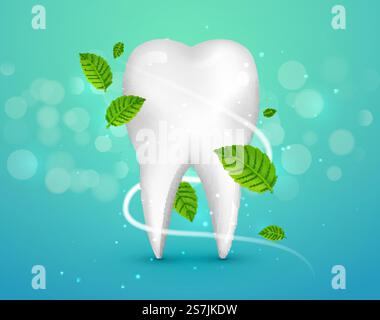 Zahnaufhellung mit Minzblättern auf grünem Hintergrund. Grüne Minze hinterlässt ein sauberes, frisches Konzept. Zahngesundheit. Zahnaufhellung mit Minzblättern auf grünem Hintergrund. Grüne Minze hinterlässt ein sauberes, frisches Konzept. Zahngesundheit Stock Vektor