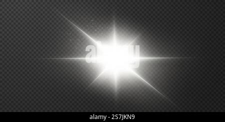 Glänzende Sterne auf einem transparenten weißen Hintergrund. Effekte, Blendung, Strahlkraft, Explosion, weißes Licht, einstellen. Der Glanz der Sterne, die schöne Sonnenblendung. Vektorabbildung... Glänzende Sterne auf einem transparenten weißen Hintergrund. Stock Vektor