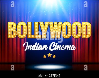 Bollywood Indian Cinema Film Banner. Indisches Kino Logo-Design Glowing Element mit Bühne und Vorhängen. Bollywood Indian Cinema Film Banner. Leuchtendes Element im Indischen Kino-Logo-Design mit Bühne und Vorhängen Stock Vektor