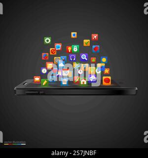 Smartphone mit Cloud von Anwendungssymbolen. Isolierter schwarzer Hintergrund. Smartphone mit Cloud von Anwendungssymbolen. Stock Vektor
