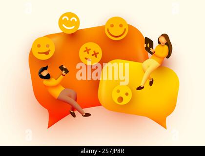 Kleine Leute fliegen um Chat Blasen und Emoji Zeichen. Sprechende Paare. Online Messenger Konzept. Vektorgrafik. Stock Vektor