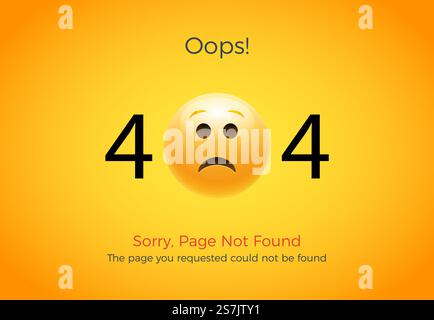 404 Fehlerseite nicht gefunden. Emoji trauriges Lächeln. Vektorillustration Webdesign der Website 404. 404 Fehlerseite nicht gefunden. Emoji trauriges Lächeln. Vektorillustration Webdesign der Website 404 Stock Vektor