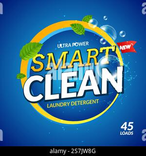 Waschmittel Smart Clean Design Reiniger. Produktvorlage für Waschpulver. Hintergrund für Verpackungsdesign... Waschmittel Smart Clean Design Reiniger. Produktvorlage für Waschpulver. Hintergrund des Paketdesigns Stock Vektor