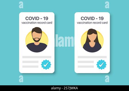 COVID-19-Impfkarte für Männer und Frauen. Immunität Covid-19-Zertifikat in flachem Design Stock Vektor