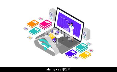 Online-Lernen Isometrische 3D-Vektor-Illustration Desktop-Web-Benutzeroberfläche, geeignet für Web-Banner, Diagramme, Infografiken, Buchillustration, Spiel-Asset, und andere Grafikelemente Stock Vektor