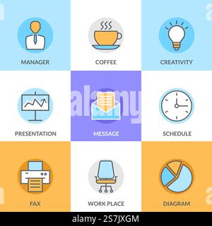 Abstrakte Vektorsammlung von Flatline-Büro- und Business-Symbolen. Elemente für Mobil- und Webanwendungen. Abstrakte Vektorsammlung von Flatline-Büro- und Business-Symbolen. Elemente für Mobil- und Webanwendungen. Stock Vektor