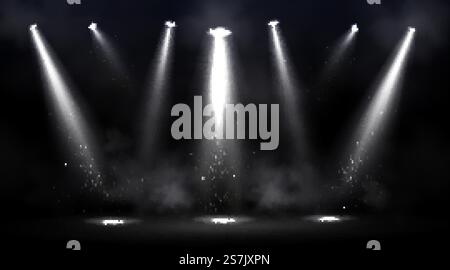 Bühne beleuchtet durch Spotlights. Leere Szene mit Lichtfleck auf dem Boden. Vektor realistische Illustration von Studio, Theater oder Club Innenraum mit Strahlen von Lampen, Rauch und leuchtenden Partikeln. Bühne beleuchtet von Scheinwerfern mit Rauch Stock Vektor