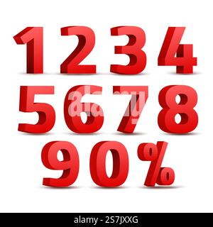 Set aus roten 3D-Zahlen. 3D-Zahlensymbol mit prozentualem Rabatt. Set aus roten 3D-Zahlen. 3D-Zahlensymbol mit prozentualem Rabatt Stock Vektor