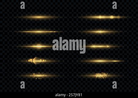 Satz von Blitzlichtern, Lichtern, Funkeln auf transparentem Hintergrund. Paket mit horizontalen Linsen. Sonnenstrahlen. Laserstrahlen, horizontale Lichtstrahlen. Goldene Lichter. Vektorabbildung, EPS 10. Stock Vektor