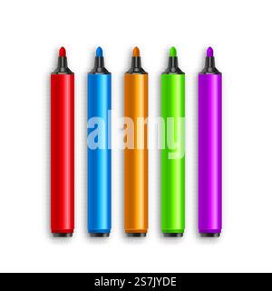 Markierstifte, rot, grün, gelb, lila, blau. Vektor-Set farbenfrohe Textmarker. Zeichenstift-Werkzeug Marker-Art-Textmarker. Markierstifte, rot, grün, gelb, lila, blau. Vektor-Set farbenfrohe Textmarker. Zeichenstift-Werkzeug. Marker Art Highlighter Stock Vektor