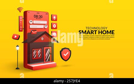 Smart-Home-Technologiekonzept, elektronisches Gerät, das über das Heimautomatisierungssystem gesteuert wird, Internet der Dinge-Technologieverbindungen über das Smartphone Stock Vektor