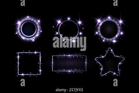 Goldener Vektor-Rahmen mit Lichteffekten. Leuchtendes rechteckiges Banner. Isoliert auf schwarzem transparenten Hintergrund. Vektorabbildung, EPS 10.. Goldene Funken und goldene Sterne funkeln mit einem besonderen Lichteffekt. Goldenes Banner für Werbung. Weihnachten abstrakt. Vektorillustration für Aktien. Stock Vektor