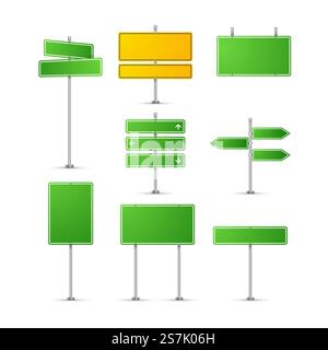 Straßenschild isoliert. Grüne Verkehrsschilder auf der Autobahn. Transportwegsinformation Vektor isolierte Platten. Straßenschild isoliert. Grüne Verkehrsschilder auf der Autobahn. Transportwegsinformationen Vektor isolierte Platten Stock Vektor