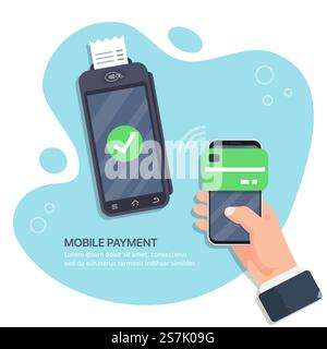 Erfolgreicher Zahlungsvorgang. POS-Terminal bestätigt die Zahlung per Smartphone. Smartphone in der Hand mit mobiler Bezahlung Stock Vektor