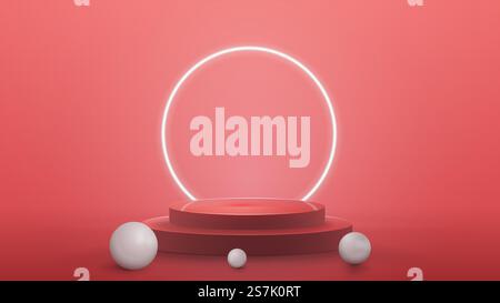 Leeres Podium mit realistischen Kugeln und Neonring auf Hintergrund, realistische Vektorillustration. 3D-Rendering-Illustration mit pinkfarbener abstrakter Szene mit Neonweißring Stock Vektor