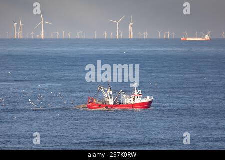 Ein Schneider mit angehobenen Schleppnetzen auf der Nordsee mit Windturbinen im Hintergrund Stockfoto