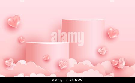 Minimalistische Szene mit rosa Podium und abstraktem Hintergrund. Trendiges pinkfarbenes Banner mit Ballons in 3D-Love-Form und Papier geschnittenen Wolken. Grußkarte zum Valentinstag. Grußkarte zum Valentinstag. Minimalistische Szene mit rosa Podium und abstraktem Hintergrund. Trendiges pinkfarbenes Banner mit Ballons in 3D-Love-Form in Papier geschnittenen Wolken. Stock Vektor
