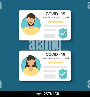 COVID-19-Impfkarte für Männer und Frauen. Immunität Covid-19-Zertifikat in flachem Design Stock Vektor