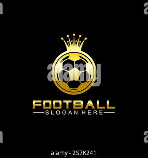 Luxuriöses goldenes Fußball-King-Logo auf schwarzem Hintergrund Stock Vektor