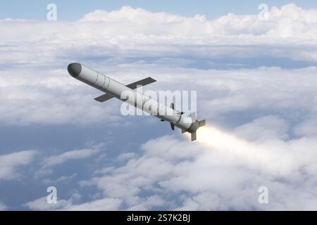 Militärakete Kalibr am Himmel über den Wolken, eine Spur des Raketenstarts. Konzept: Luftverteidigung durch Militärkomplexe. Stockfoto
