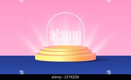 Goldgelbes Produktpodium mit Licht auf blauem und rosa Hintergrund. Geeignet Für Webbanner, Diagramme, Infografiken, Buchillustration, Soziale Medien, und andere Grafikelemente Stock Vektor