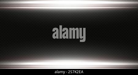 Weiße horizontale Objektivblende. Laserstrahlen, horizontale Lichtstrahlen. Schöne Lichtflecken. Leuchtende Streifen auf hellem Hintergrund. Leuchtender abstrakter, glänzend gestrichener Hintergrund. Weiße horizontale Objektivblende. Laserstrahlen, horizontale Lichtstrahlen. Schöne Lichtflecken. Stock Vektor