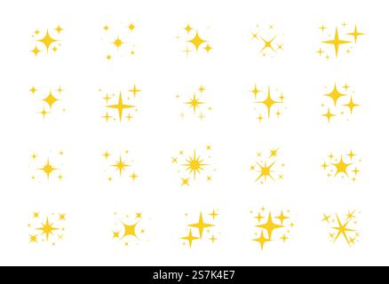 Funkelnde Sterne. Ein glänzender gelber Stern und glitzerndes Element auf weißem Hintergrund. Stock Vektor