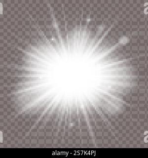 Lichteffekt. Der Stern platzt vor funkelnden Blicken. Vektorabbildung. Weißes leuchtendes Licht explodiert auf einem transparenten Hintergrund. Funkelnde magische Staubpartikel. Heller Stern. Transparent strahlende Sonne, Brig Stock Vektor