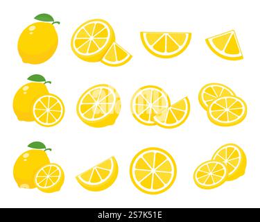 Saure gelbe Zitronen. Zitronen mit hohem Vitamin-C-Gehalt werden für die Sommerlimonade in Scheiben geschnitten. Stock Vektor