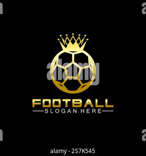 Luxuriöses goldenes Fußball-King-Logo auf schwarzem Hintergrund Stock Vektor