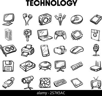 Abbildung von handgezeichneten Symbolen, die technische Elemente wie Smartphone, Tablet und USB darstellen Stock Vektor