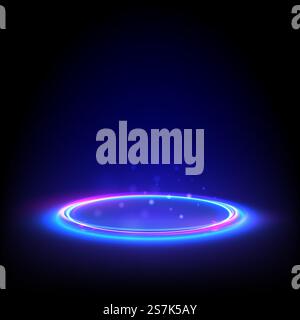 Blauer leuchtender Ring auf dem Boden. Glimmerleuchtungskreis. Abstrakter High-Tech-Hintergrund für das Display-Produkt. Vektorvorlage... Glimmerleuchtungskreis. Blauer leuchtender Ring auf dem Boden. Abstrakter High-Tech-Hintergrund für das Display-Produkt. Vektorvorlage. Stock Vektor