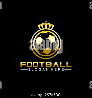 Luxuriöses goldenes Fußball-King-Logo auf schwarzem Hintergrund Stock Vektor