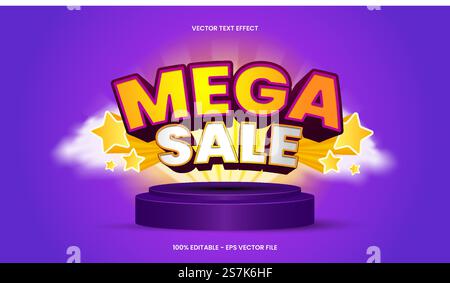 3D Mega Sale Texteffekt mit gelbem und violettem Farbschema. Stock Vektor