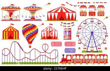 Vergnügungspark, Zirkus, Karnevalsmesse Thema. Vektor. Set mit Riesenrad, Zelt, Karussell, Achterbahn, Luftballon, trainieren. Symbole auf weißem Hintergrund isoliert. Tagesattraktion. Abbildung. Zirkus, Vergnügungspark, Karnevalsfest. Vektorabbildung. Flaches Design. Stock Vektor