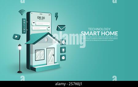 Smart-Home-Technologiekonzept, elektronisches Gerät, das über das Heimautomatisierungssystem gesteuert wird, Internet der Dinge-Technologieverbindungen über das Smartphone Stock Vektor