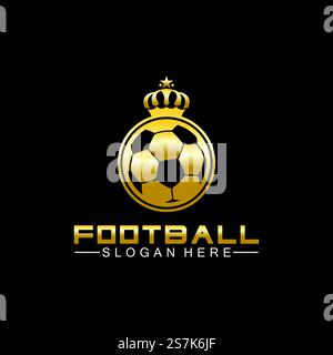 Luxuriöses goldenes Fußball-King-Logo auf schwarzem Hintergrund Stock Vektor