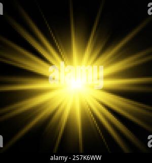 Gelb leuchtendes Licht explodiert auf einem transparenten Hintergrund. Funkelnde magische Staubpartikel. Heller Stern. Transparente Sonne, heller Blitz. Vektor funkelt. Stock Vektor