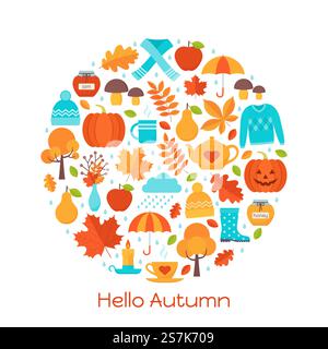 Herbst Hintergrund. Vektor. Kreativkarte „Hallo Herbst“ mit kreisförmigen Elementen. Vorlage in flachem Design auf weißem Hintergrund. Dekorationsbanner „Herbstblätter“. Zeichentrickdarstellung. Buntes Poster. Stock Vektor