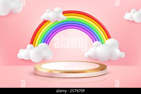 Niedlicher Regenbogen- und Podium-Zeichentrickstil für Präsentationsprodukt auf rosa Pastellhintergrund Stock Vektor