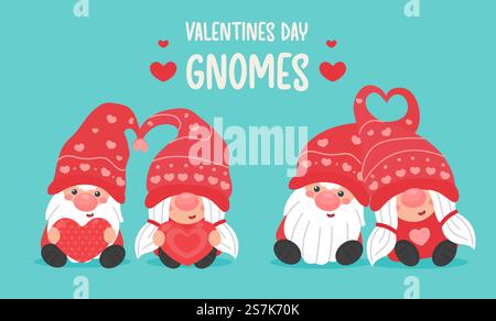 Alles Gute zum Valentinstag. Cartoon-Gnome Paare geben einander am Valentinstag ein rotes Herz. Stock Vektor