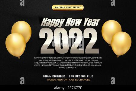 Happy New Year 2022 Silberplatte, 3D-Texteffekt, editierbar, mit goldenem Ballon Stock Vektor