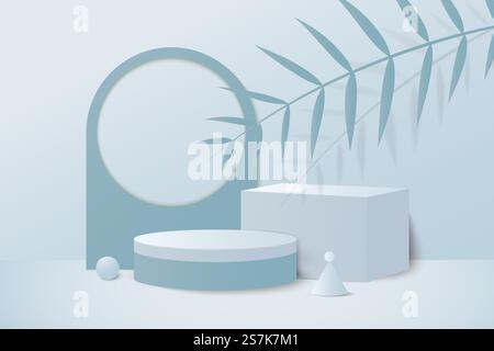Hintergrund 3D blaue Pastelldarstellung mit Podium und minimaler blauer Wandszene. Hintergrund 3D-Darstellung in blauem Pastellfarben mit Podium und minimaler blauer Wandszene Stock Vektor