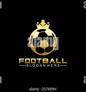 Luxuriöses goldenes Fußball-King-Logo auf schwarzem Hintergrund Stock Vektor