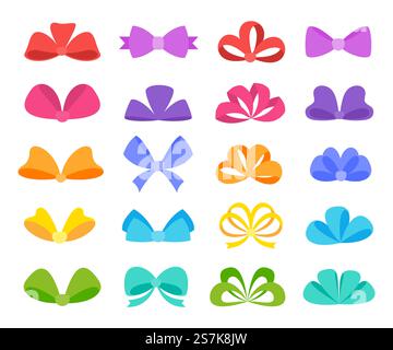 Bänder, die zu einer Schleife zusammengebunden sind, werden verwendet, um Geschenkboxen zu schmücken, die sich im neuen Jahr gegenseitig verschenkt werden. Stock Vektor