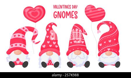 Zwerge oder Zwerge halten rosafarbene Herzballons. Für die Grußkarte zum valentinstag Stock Vektor