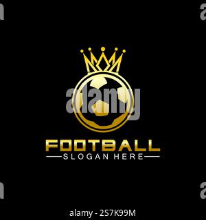 Luxuriöses goldenes Fußball-King-Logo auf schwarzem Hintergrund Stock Vektor