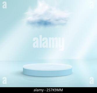 Abstrakter Hintergrund mit geometrischen Formen in Pastellblau. Minimalistische Bühne mit zylindrischem Podium und Wolke für Produktmockup. Stock Vektor