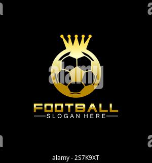 Luxuriöses goldenes Fußball-King-Logo auf schwarzem Hintergrund Stock Vektor
