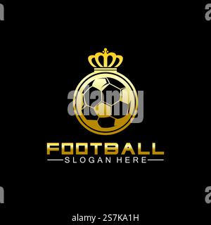 Luxuriöses goldenes Fußball-King-Logo auf schwarzem Hintergrund Stock Vektor